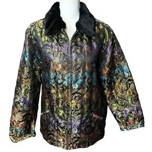 Chico's Design Floral Tapestry Style Art To Wear Jacket Detachable Collar Sz 3